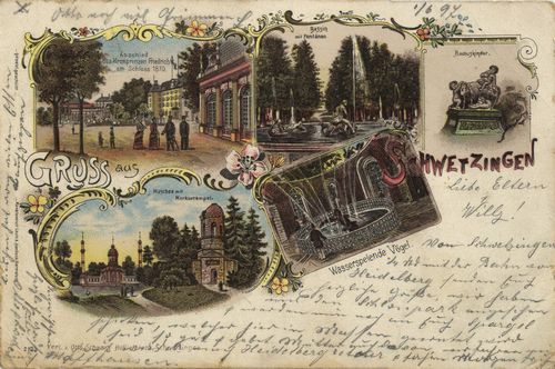 Schwetzingen, Baden-W�rttemberg: Abschied des Kronprinzen Friedrich am Schloss 1870; Bassin mit Font�nen; Moschee mit Merkurtempel