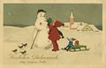 M�dchen schenkt Schneemann einen Tannenstrau�