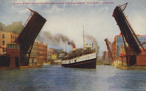 Chicago, Zugbr�cke und Dampfschiff 'Soo City'