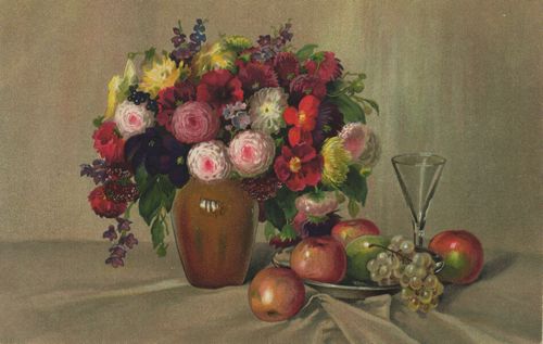 �pfel, Trauben, Blumen