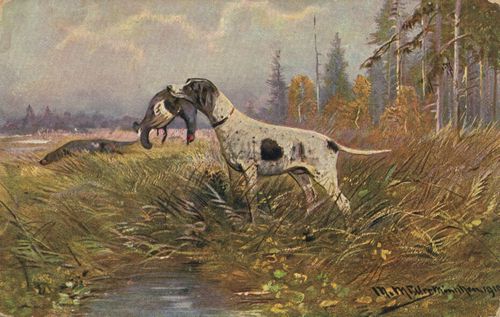 Hund mit erlegtem Fasan im Maul