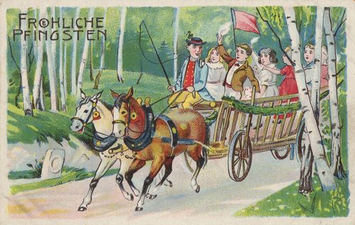 Gemischte Gesellschaft auf dem Pferdewagen