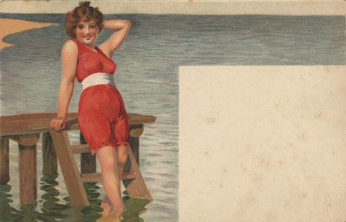 Frau im roten Badeanzug, ins Wasser steigend