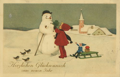 M�dchen schenkt Schneemann einen Tannenstrau�