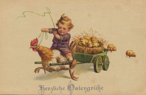 Kind reitet auf Hahn