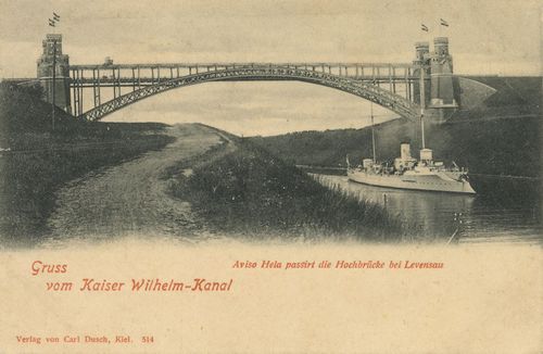 Kaiser-Wilhelm-Kanal, 'Aviso Hela' passiert die Hochbr�cke bei Levensau