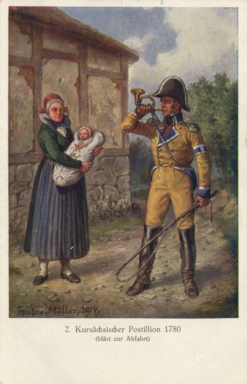 Kurs�chsischer Postillion bl�st zur Abfahrt (1780)