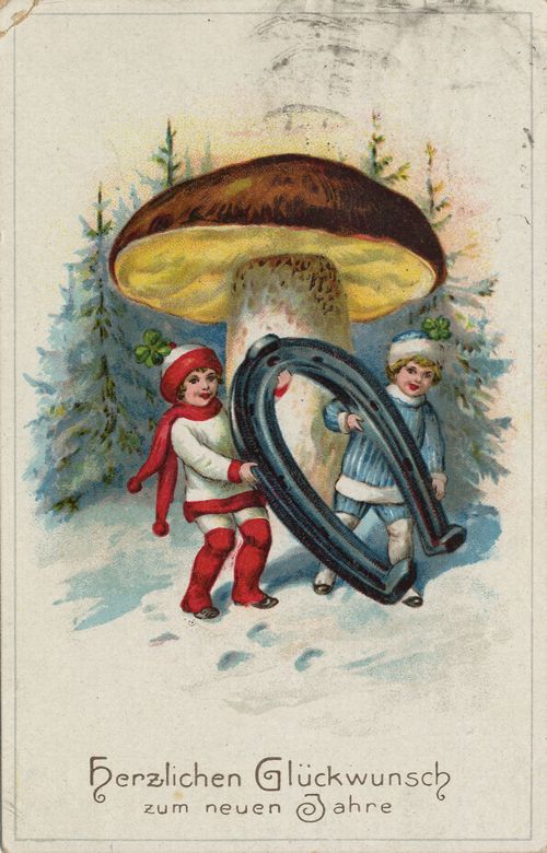 Kinder mit Hufeisen unterm Pilz