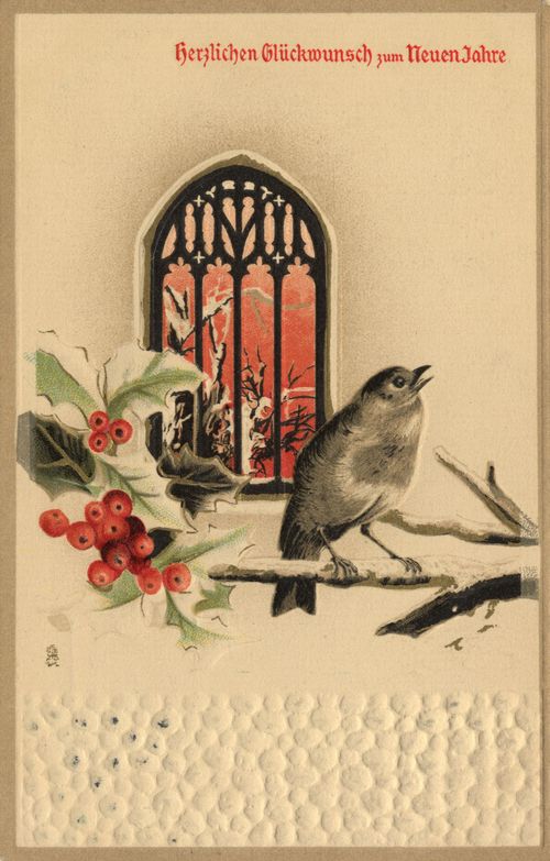 Vogel vor gotischem Fenster