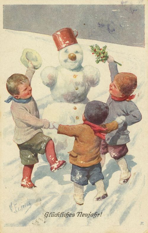 Kinder Tanzen um Schneemann