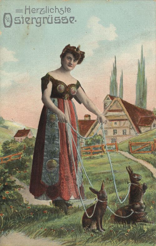 Frau mit 3 Hasen an der Leine