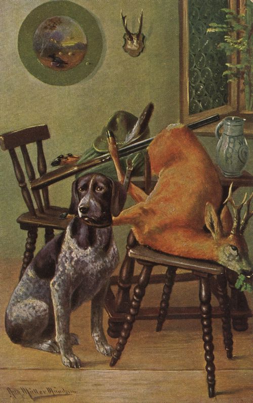 Hund mit erlegtem Reh in der Jagdstube
