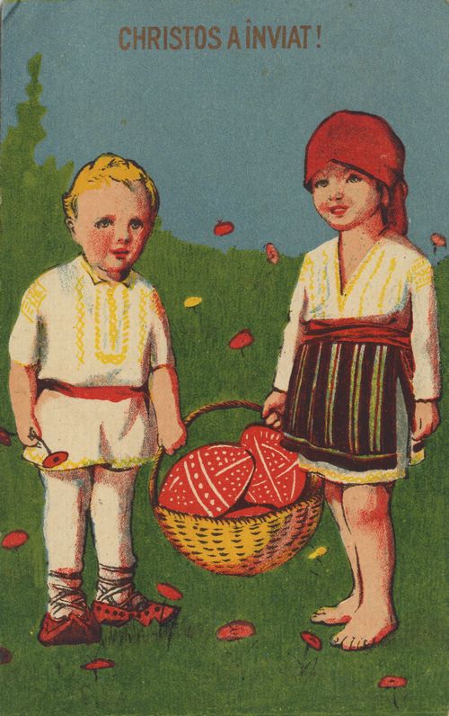 Mit roten Eiern im Korb