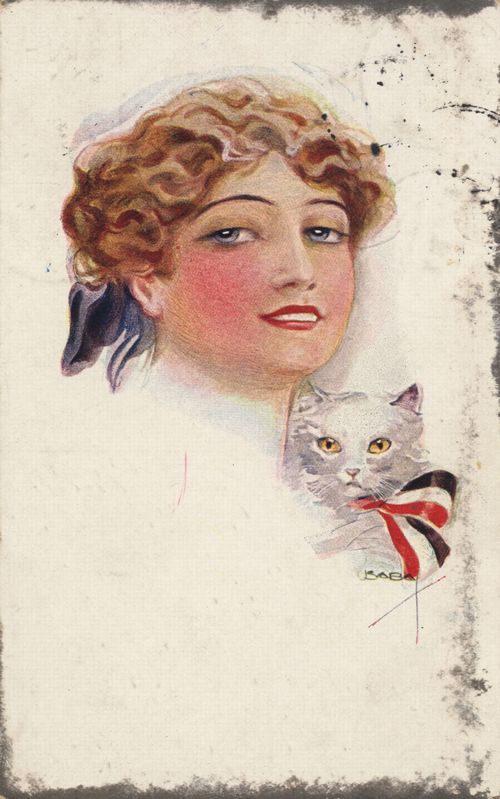 Wei�e Katze mit schwarz-wei�-roter Schleife