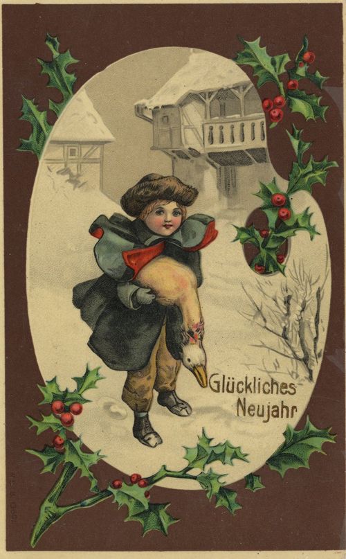 Kind mit Neujahrsgans im Schnee
