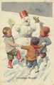 Kinder Tanzen um Schneemann