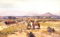 Deutsch-S�dwestafrika. Landschafts- und Kulturbild, im Vordergrunde Steppe und Ansiedler.