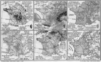 Frankreich. II. (Karten) 1. Geologische �bersicht und Mineralfundst�tten 2. Physikalische �bersicht 3. Verbreitung der wichtigsten Kulturpflanzen 4. Tiergeographische �bersicht 5. Volksdichte 6. Historische �bersicht