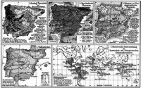 Spanien und Portugal. II. (Karten) 1. Geolog. �bersicht und Mineralfundst�tten. 2. Physikalische �bersicht. 3. Pflanzen- und Tiergeographische �bersicht. 4. Volksdichte. 5. Historische Entwickelung des Spanischen und Portugiesischen Kolonialbesitzes.