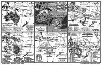 Australien und Ozeanien. II. (Karten) 1. Geolog. �bersicht und Mineralfundst�tten. 2. Physikalische �bersicht. 3. Die wichtigsten Kulturpflanzen. 4. Tiergeograph. �bersicht 5. Volksdichte. 6. Die wichtigsten Entdeckungsfahrten und Forschungsreisen.