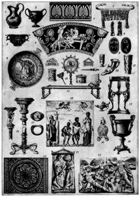 Griechisch-Römische Kunst. II. Griechisch: 1. Goldene Kanne aus Mykenä. 5. Palmettenornament. 6. Vasenmalerei (Tod der Freier, nach Homer). 7. Goldenes Stirnband vom Trojanischen Schatz. 8. Goldene Ohrhängsel ebendaher. 9. Gemmen (Intaglio, Kamee). 21. Grabstele (mit Relief). 22. Athenagruppe vom Zeusaltar zu Pergamon (Relief). - Römisch: 2 Silberner Becher aus Pompeji. 3. Becher. 4. Athenaschale vom Hildesheimer Silberfund. 10. Trinkhorn. 11. Glasgefäße. 12. Toilettengeräte (Handspiegel aus Boscoreale, Kämme, Haarpfeile, Büchschen). 13. Bronzenes Bettgestell. 14. Kandelaber. 15. Siegelring (von oben, von der Seite). 16. Lampen (ein- und zweiflammig). 17. Bronzener Dreifuß aus Pompeji. 18. Prunkvase. 19. Wandgemälde (pompejan.; Opferung der Iphigenie). 20. Fußbodenmosaik.