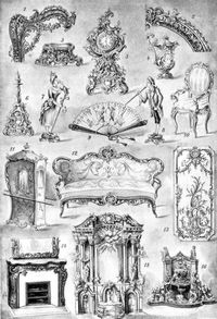 Barock und Rokoko. II. 1. Obere Ecke eines Spiegelrahmens. 2. Oberer Teil eines Bilderrahmens. 3. Salznapf. 4. Milchkanne. 5. Standuhr. 6. Leuchter. 7. und 8. Mei�ner Porzellanfiguren. 9. F�cher. 10. Sessel. 11. Portechaise. 12. Sofa. 13. T�rf�llung. 14. Kamin (mit Spiegelaufsatz). 15. Altar. 16. Zierbrunnen.