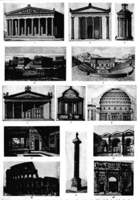 Griechisch-R�mische Kunst. I. Griechisch: 1. Parthenon zu Athen (438 v. Chr.; dor. Stil). 2. Tempel im ion. Stil. 3. Denkmal des Lysikrates zu Athen (335 v. Chr.; korinth. Stil). 4. Altarbau zu Pergamon (2. Jahrh. n. Chr.). 5. Theater zu Segesta. - R�misch: 6. Tempel des Jupiter Capitolinus zu Rom. 7. Vestatempel zu Tivoli. 8. Pantheon zu Rom (Durchschnitt; 27 v. Chr.). 9. Haus des Pansa zu Pompeji (Blick in das Atrium und durch das Tablinum in das Peristylium; 1. Jahrh. n. Chr.). 10. Kolosseum [Amphitheatrum Flavium] zu Rom (Ende des 1. Jahrh. n. Chr.). 11. S�ule des Marc Aurel ebd. (2. Jahrh. n. Chr.). 12. Caracalla-Thermen ebd. (Anfang des 3. Jahrh. n. Chr.). 13. Triumphbogen Konstantins d. Gr. ebd. (312 n. Chr.).