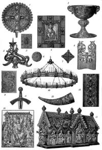 Romanischer Stil. II. 1. Vortragkreuz. 2. Abendmahlskelch. 3. Deckel eines Reliquienbeh�lters. 4. Deckel eines Evangeliars. 5. Leuchter. 6. u. 7. Kn�pfe zu Gewandnadeln. 8. Kamm aus Elfenbein. 9. Initial. 10. Kronleuchter. 11. Schwertgriff. 12. Trinkhorn aus Elfenbein. 13. Glasmalerei. 14. Miniatur aus einem Evangelienbuch. 15. Reliquienschrein.