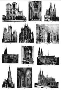 Gotik. I. 1. Notre-Dame zu Paris (12. bis 13. Jahrh.). 2. Mittelschiff der Kathedrale zu Amiens (13. Jahrh.). 3. Kathedrale zu Burgos (1221-1487). 4. Kathedrale zu York (1291 bis um 1410). 5. Chor der Barbarakirche zu Kuttenberg (Ende des 14. Jahrh.). 6. Dom zu Mailand (1386-1577). 7. Marienkirche zu L�beck (1280-1304). 8. Innenansicht des Chors der Elisabethkirche zu Marburg i. H. (1235-83). 9. Dom zu Halberstadt (1235-1492). 10. M�nster zu Freiburg i. Br. (13. bis 14. Jahrh.). 11. Inneres des M�nsters zu Stra�burg i. E. (11. bis 15. Jahrh.). 12. Dom zu K�ln (1248 begonnen, 1880 vollendet).