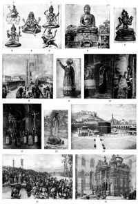 Religionen. II. Brahmanismus, Buddhismus: 1. Indra. 2. �iva. 3. Vishnu. 4. Trimurti. 5. Kama. 6. Buddha (japanisch). 7. T�r� (lamaistisch). - Mosaische Religion: 8. Alttestamentliches Brandopfer im Vorhof des Tempels zu Jerusalem. 9. Hoherpriester. 10. Aufheben der Gesetzesrolle (Thora) in der Synagoge. - Islam: 11. Religi�se n�chtliche Feier in einer Moschee w�hrend des Ramad�n. 12. Betende Mohammedaner. 13. Hof der gro�en Moschee (Mesdschid el-Haram) in Mekka mit der Kaaba. - Christentum: 14. Wasserweihe (russ. Kirche). 15. Inneres der heiligen Grabeskirche zu Jerusalem (Simultankirche).
