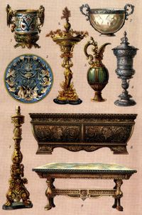 Prunkger�te. im Renaissancestil. 1. K�bel aus Bronze mit bemaltem Majolika-Einsatz. 2. Achatschale mit emaillierter Goldeinfassung. 3. Teller aus Majolika. 4. Goldener Tafelaufsatz. 5. Kanne aus Glas und Bronze. 6. Silberner Pokal. 7. Kandelaber aus Bronze. 8. Sitztruhe aus Holz mit Stuckornamenten. 9. Tisch mit Marmorplatte.