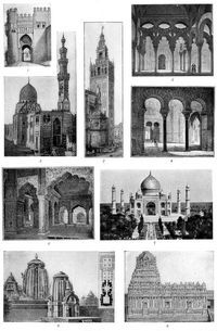 Arabische und Indische Kunst. I. Arabisch: 1. Sonnentor zu Toledo (um 1100). 2. Turm (sog. Giralda) der Kathedrale zu Sevilla (um 1190). 3. Inneres der Moschee zu Cordoba (um 790). 4. Saal der Gesandten im Alcazar zu Sevilla (um 1400). 5. Moschee des Sultans Ka�t Bey zu Kairo (15. Jahrh.). - Islamisch-indisch: 6. Saal im Palast des Gro�moguls zu Deli. 7. Tadsch Mahal bei Agra (um 1650). - Indisch: 8. Tempel zu Bhuwaneswar (667 volllendet; nordindischer Stil). ). Tempel zu Tandschur (11. Jahrh. s�dindischer Stil).