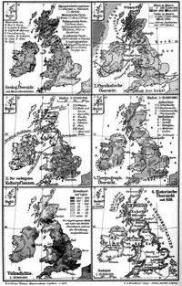 Gro�britannien und Irland. II. (Karten) Geolog. �bersicht und Mineralfundst�tten. Physikalische �bersicht. Die wichtigsten Kulturpflanzen. Tiergeograph. �bersicht. Volksdichte. Historische �bersicht seit 1558.
