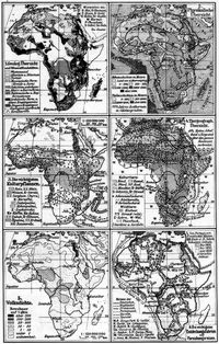 Afrika. II. (Karten) 1. Geolog. �bersicht. 2. Physikalische �bersicht. 3. Die wichtigsten Kulturpflanzen. 4. Tiergeograph. �bersicht. 5. Volksdichte. 6. Die wichtigsten Entdeckungsfahrten und Forschungsreisen.
