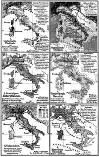Italien. II. (Karten) 1. Geologische �bersicht und Mineralfundst�tten. 2. Physikalische �bersicht. 3. Die wichtigsten Kulturpflanzen. 4. Tiergeographische �bersicht. 5. Volksdichte. 6. Historische �bersicht.