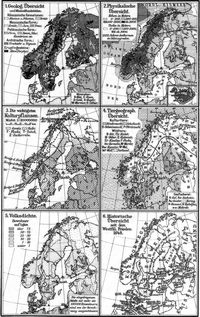 Schweden, Norwegen und D�nemark II. (Karten) 1. Geolog. �bersicht 2. Physikalische �bersicht. 3. Die wichtigsten Kulturpflanzen. 4. Tiergeograph. �bersicht. 5. Volksdichte. 6. Historische �bersicht.