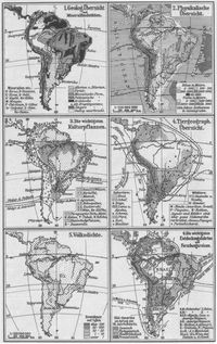 S�damerika. II. (Karten) 1. Geolog. �bersicht und Mineralfundst�tten. 2. Physikalische �bersicht. 3. Die wichtigsten Kulturpflanzen. 4. Tiergeograph. �bersicht. 5. Volksdichte. 6. Die wichtigsten Entdeckungsfahrten und Forschungsreisen.