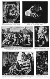 Historienmalerei. I. 1. Michelangelo (ital.): Prophet Jeremias (Deckenbild in der Sixtin. Kapelle; um 1510). 2. Rembrandt (niederl�nd.): Jakob segnet seine Enkel Manasse und Ephraim (1656; Cassel). 3. Nicolas Poussin (franz.): Elieser wirbt im Auftrage Abrahams f�r dessen Sohn Isaak um Rebekka (1648; Paris). 4. Murillo (gest. 1682; span.): Vision des heil. Antonius (Petersburg). 5. P. von Cornelius (deutsch): Achilleus gew�hrt dem Priamos den Leichnam seines Sohnes Hektor (Teil eines Deckenbildes in der Glyptothek zu M�nchen; 1830). 6. Jul. Schnorr von Carolsfeld: Kriemhild vor Volker und Hagen (um 1860; Residenz zu M�nchen).