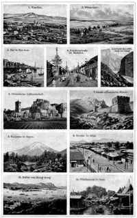 Ostasien II. 1. Kiachta. 2. Wüste Gobi. 3. Kai in Han-kou. 4. Friedensstraße in Mukden. 5. Schlucht des mittl. Jang-tse-kiang. 6. Chinesische Lößlandschaft. 7. Große chinesische Mauer. 8. Fusijama in Japan. 9. Straße in Söul. 10. Hafen von Hong-kong. 11. Pfahlbauten in Siam.