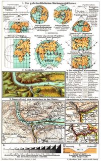 Kartographie. I. (Karten) 1. Die gebr�uchlichsten Kartenprojektionen. 2. Gel�ndeansicht. 3. Darstellung des Gel�ndes in der Karte. 4. Die wichtigsten Kartenzeichen. 5. Generalisierung in kleineren Ma�st�ben. 6. Abstufung f�r die Gebirgsstrichelung der Generalstabskarte des Deutschen Reichs. 7. Querprofil des Rheintals beim Binger Loch.