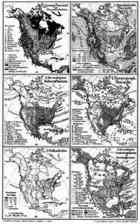 Nordamerika II. (Karten) 1. Geolog. �bersicht und Mineralfundst�tten. 2. Physikalische �bersicht. 3. Die wichtigsten Kulturpflanzen. 4. Tiergeograph. �bersicht. 5. Volksdichte. 6. Die wichtigsten Entdeckungsfahrten und Forschungsreisen.