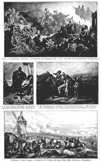 Historienmalerei. II. 1. W. von Kaulbach (deutsch): Seeschlacht bei Salamis, 480 v. Chr. (um 1870; Maximilianeum zu M�nchen). 2. K. von Piloty (deutsch); Kolumbus Amerika erblickend (1866; M�nchen). 3. W. Camphausen (deutsch): Cromwellsche Reiter (1846; Berlin). [Mit Genehmigung der Photographischen Gesellschaft in Berlin.] 4. Horace Vernet (franz.): Schlacht bei Valmy, 20. Sept. 1792 (1826; Schlo� zu Versailles).