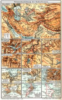Kartographie. II. (Karten) 1. Veranschaulichung der Bodenformen. 2. Hochgebirge mit Gletscher. 3. Mittelgebirge. 4. Tafelgebirge. 5. Vulkangebirge. 6. Grabensenkung oder Einbruchstal. 7. W�ste mit Binnenlandd�nen. 8. Flachk�ste mit D�nen, Strandseen u. Deltam�ndung. 9. Wattenk�ste mit Trichterbucht und -M�ndung. 10. Fjord-(Talbucht)k�ste mit Kontinental- od. K�steninseln. 11. Halbinsel. (Fastinsel mit Landenge) und Meeresstra�e. 12. Vulkanische Ozeaninseln mit Saum- und Wallriff. 13. Atoll od. Laguneninsel (Niedrige Koralleninseln).