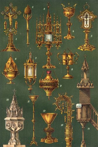 Kirchenger�te im gotischen Stil. 1. Altarkreuz (Kruzifix). 2. Weihwedel (Aspergill). 3. Monstranz. ...