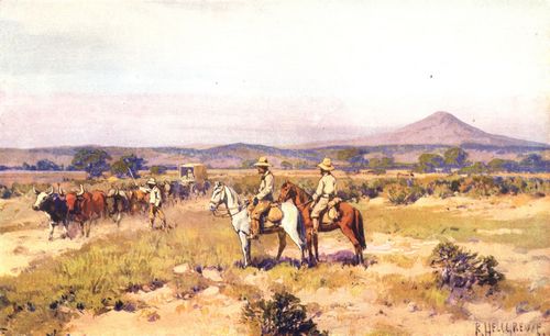 Deutsch-S�dwestafrika. Landschafts- und Kulturbild, im Vordergrunde Steppe und Ansiedler.