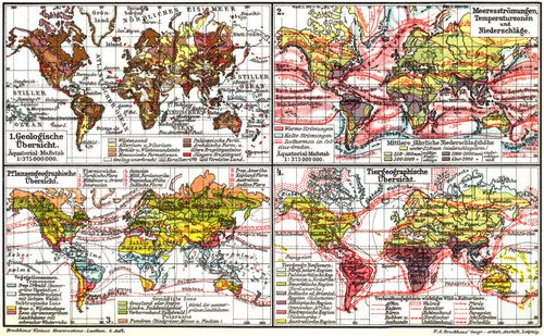 Erdkarten. II. (Karten) 1. Geologische �bersicht. 2. Meeresstr�mungen, Temperaturzonen und Nierdeschl�ge. 3. Pflanzengeographische �bersicht. 4. Tiergeographische �bersicht.