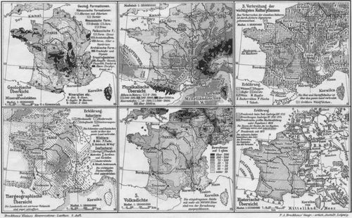 Frankreich. II. (Karten) 1. Geologische �bersicht und Mineralfundst�tten 2. Physikalische �bersicht 3. Verbreitung der wichtigsten Kulturpflanzen 4. Tiergeographische �bersicht 5. Volksdichte 6. Historische �bersicht