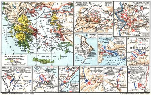 Die alte Welt. II. (Karten) 1. Das Alte Griechenland. 2. Das Alte Athen. 3. Das Alte Rom. 4. Karthago. 5. Schlacht bei Salamis 480 v. Chr. 6. Schlacht bei Plat�� 479 v. Chr. 7. Schlacht bei Gaugamela 331 v. Chr. 8. Schlacht bei Cann� 216 v. Chr. 9. Schlacht am Metaurus 207 v. Chr. 10. Schlacht bei Zama 202 v. Chr. 11. Schlacht im Teutoburger Wald 9 n. Chr. 12. Schlacht auf den Katalaunischen Feldern 451 n. Chr.