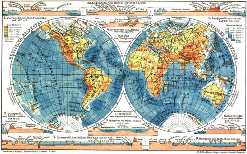 Erdkarten. I. (Karten) 1. Querprofil von Nord-Amerika auf 40� n. B. 2. Querprofil von S�d-Amerika auf 20� s. B. 3. L�ngsprofil von Europa auf 12� 30' �. L. v. Gr. 4. Querprofil von Afrika auf dem �quator. 5. L�ngsprofil von Asien auf 85� �. L. v. Gr. 6. Querprofil von Australien auf 30� s. B. 7. Querprofil des Stillen Ozeans auf 30� s. B. 8. Querprofil des Atlant. Ozeans auf 13� s. B. 9. Querprofil des Indischen Ozeans auf 30� s. B.