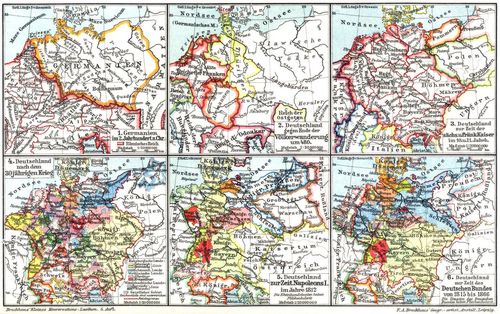Deutsches Reich. II. (Karten) 1. Germanien im 2. Jahrhundert n. Chr. 2. Deutschland nach der Völkerwanderung am Ende des 5 Jahrh. 3. Deutschland zur Zeit der sächs. u. fränk. Kaiser im 10 u. 11 Jahrh. 4. Deutschland nach dem 30jährigen Krieg. 5. Deutschland zur Zeit Napoleon I. im Jahre 1812. 6. Deutschland zur Zeit des Deutschen Bundes von 1815 bis 1866
